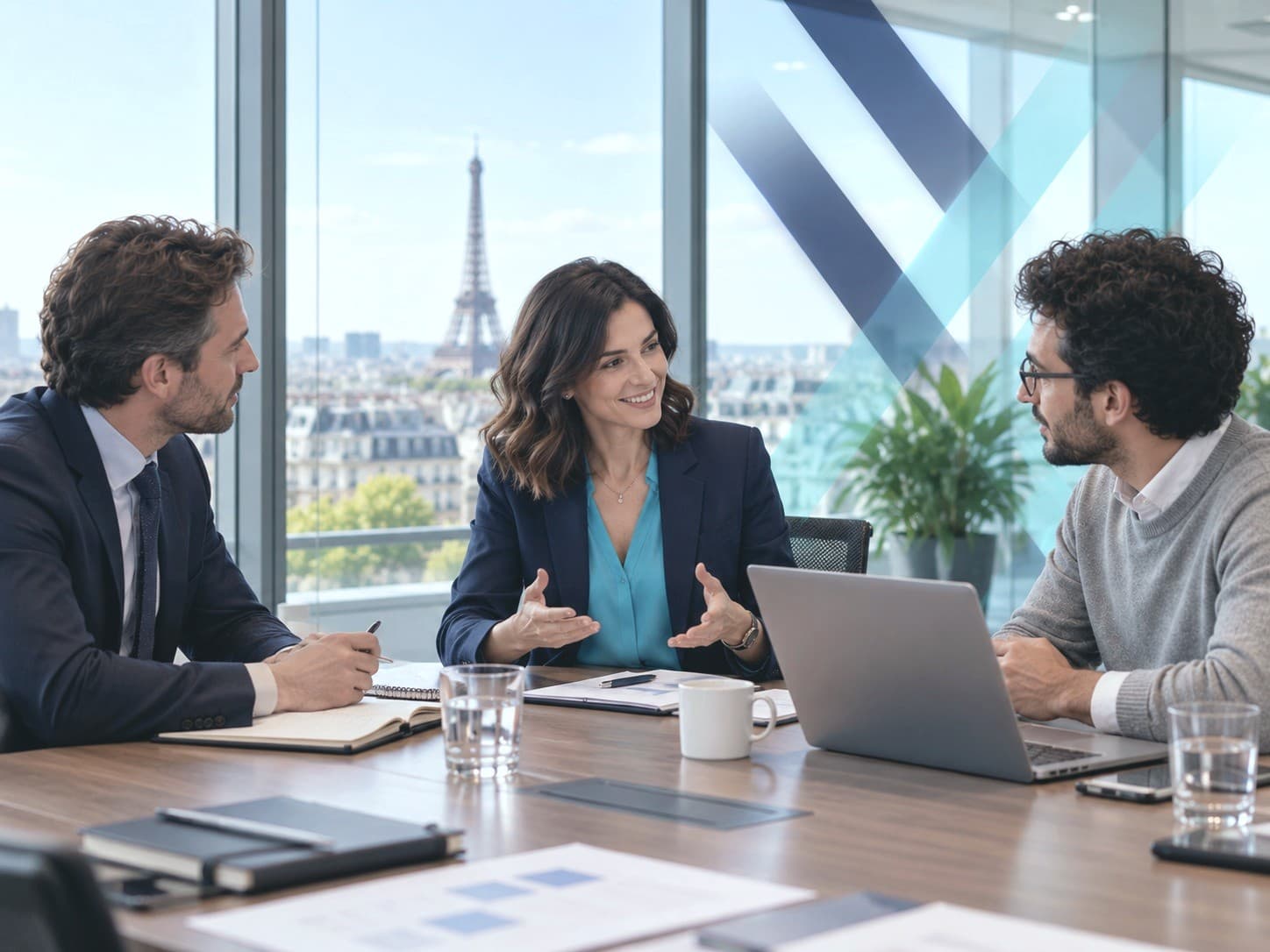 Une consultante ACAFORMIA met en relation un client et un formateur expert lors d’une réunion à Paris